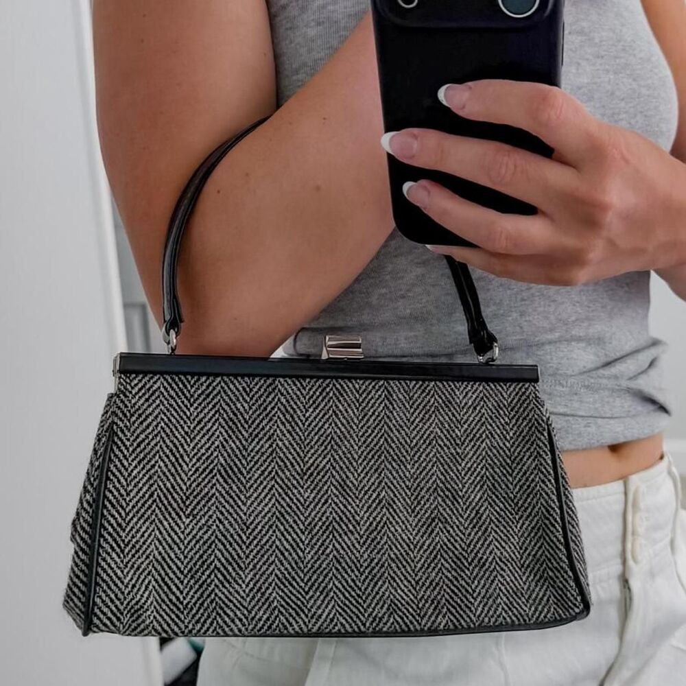 Vintage GAP wool Classic Black & Gray Herringbone Top-Handle mini bag